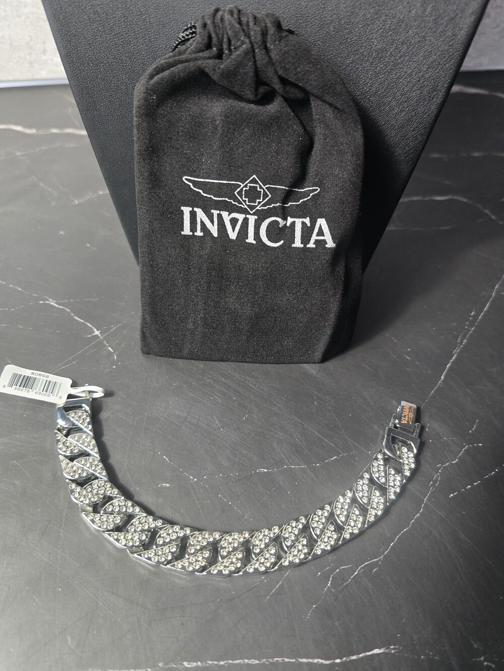 Invicta Silver Rhinestone Chain Bracelet with Logo Clasp